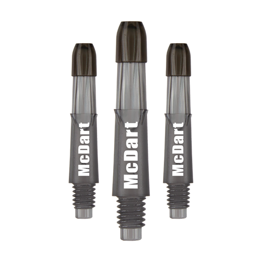 Das Bild zeigt drei schwarze Dartschäfte mit der Aufschrift "McDart". Es handelt sich um L-Style Shafts, Locked Straight, 26 mm lang.
