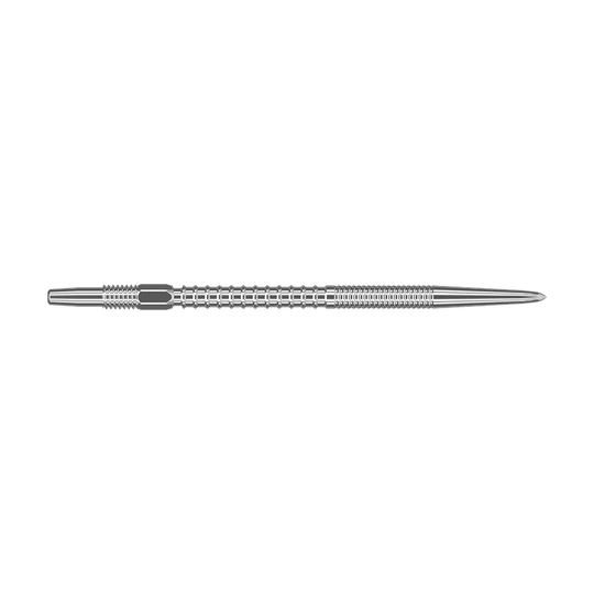 Końcówki do lotek Target Swiss Firepoint Silver Das Bild zeigt eine silberne Dartspitze mit einem gerillten, strukturierten Design. Sie ist lang und schmal, mit einer spitzen Spitze am rechten Ende.