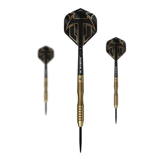 Mission Viktor Tingstrom Gold Steel Darts - 22g Mission Viktor Tingstrom Gold Steeldarts - 22g als Set dargestellt. Das Foto zeigt das komplette Set der Steeldarts.