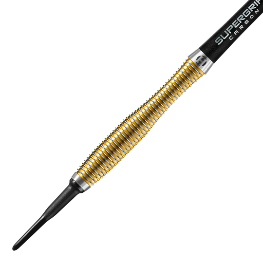 Harrows Anniversary Edition V-Wing Soft Darts - 18g Das Bild zeigt einen goldfarbenen Softdart der Marke Harrows, Modell Anniversary Edition V-Wing mit 18g Gewicht. Der Dart hat eine strukturierte Griffzone und eine schwarze Kunststoffspitze.