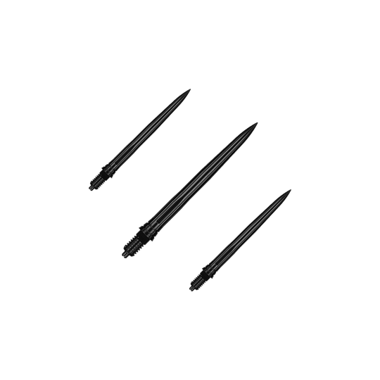 Końcówki do lotek Caliburn EZ-EVO – gładkie – czarne Hier sind EVO181 Caliburn EZ-EVO Dartspitzen Smooth Schwarz 28mm als Set dargestellt. Die Dartspitzen sind schwarz und haben eine glatte Oberfläche.