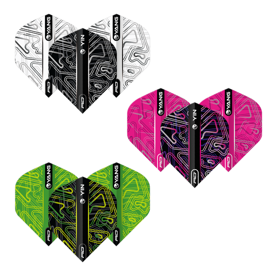 Das Bild zeigt drei verschiedene Dart-Flights aus dem 'Red Dragon Yin Yang Flight Multipack'. Die Flights sind in den Farben Schwarz/Weiß, Schwarz/Pink und Schwarz/Grün mit abstrakten Linienmustern gestaltet.