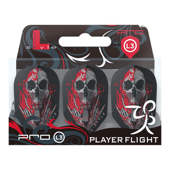 Loty Ryan Searle V3 L3PRO w stylu L, czarne Die Abbildung zeigt ein Set von drei L-Style Ryan Searle V3 L3PRO Black Flights. Auf den Flights ist ein Totenkopf-Design mit roten Farbakzenten zu sehen.