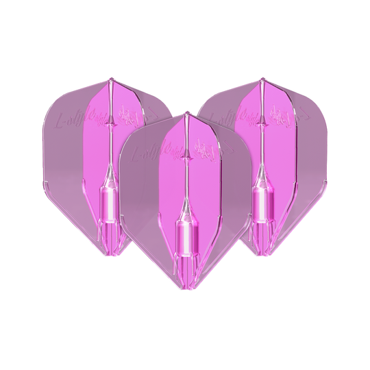 Loty Fantom L-L-Style3EZ Clear Pink Das Bild zeigt drei klare, pinke Dartflights des Modells "L-Style Fantom L3EZ". Die Flights sind transparent und haben eine leuchtend pinke Farbe.