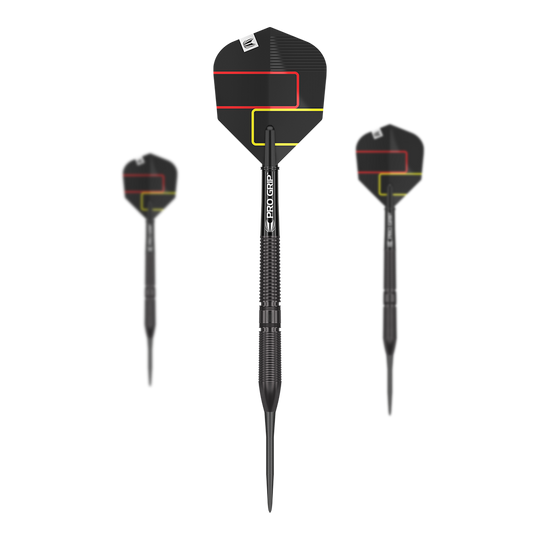 Stalowe lotki Target Gabriel Clemens Black Edition Auf dem Bild sind drei schwarze Steeldarts der Marke „Target Gabriel Clemens Black Edition“ zu sehen. Die Flights sind in Schwarz gehalten und mit roten und gelben Linien verziert.
