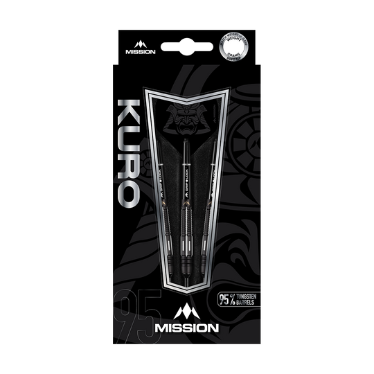 Die Abbildung zeigt die Softdarts „Mission Kuro Model 4“ in einer schwarzen Verpackung. Auf der Verpackung steht, dass die Darts 95 % Tungsten-Barrels enthalten.