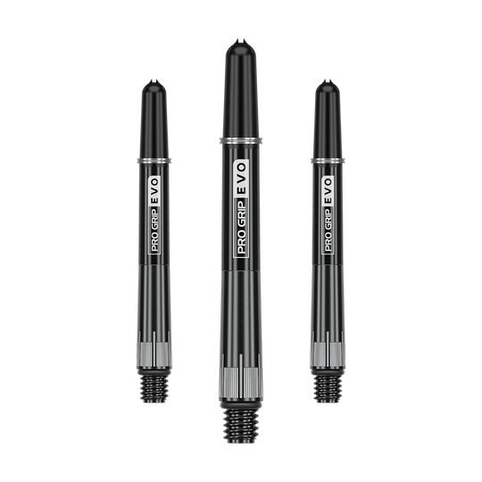 Target Pro Grip EVO Raymond Van Barneveld Chrono Titanium Shafts Auf dem Bild sind drei schwarze Dartschäfte mit der Aufschrift "PRO GRIP EVO" zu sehen. Sie sind aus Metall gefertigt und haben ein schraubbares Ende.