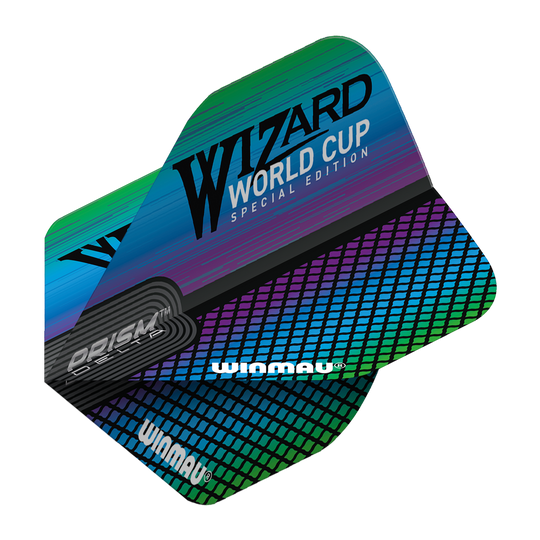 6915-253_Winmau_Prism_Delta_Wizard_Rainbow_Standard_Flights_27P8YnQwFXJtFJ Das Bild zeigt die Winmau Prism Delta Wizard Rainbow Standard Flights mit einem bunten, regenbogenfarbenen Design. Auf den Flights steht "WIZARD WORLD CUP SPECIAL EDITION" und das Winmau-Logo ist ebenfalls sichtbar.
