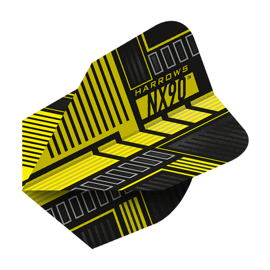 HR47_Harrows_Prime_NX90_Yellow_No6_Flights_2 Das Bild zeigt die Harrows Prime NX90 Yellow Flights mit einem auffälligen gelb-schwarzen Design. Auf den Flights steht der Text "HARROWS NX90".