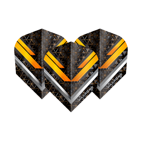 Harrows Vulcan No6 Flights sind moderne Dartflights mit auffälligem Design. Die Abbildung stellt ein Set dieser Flights dar.