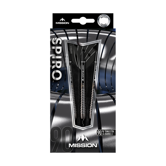 Die Abbildung zeigt die Verpackung der "Mission Spiro Model 2 Softdarts - 19g". Die Darts bestehen aus 90% Tungsten und sind elegant in Schwarz und Silber gestaltet.