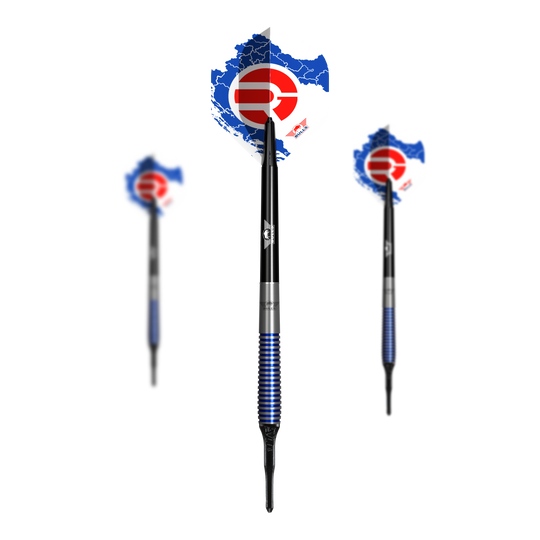 Bulls NL Romeo Grbavac miękkie lotki - 19g Das Bild zeigt drei Softdarts des Modells "Bulls NL Romeo Grbavac 19g". Die Darts haben blaue und silberne Griffe sowie Flights mit einem blau-weißen Muster und rotem Logo.