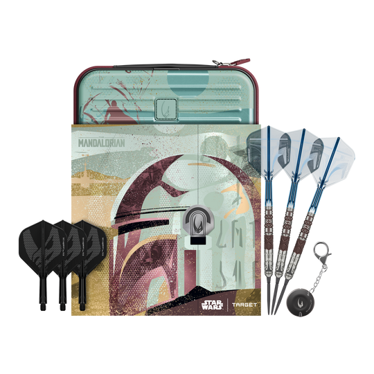 Rzutki stalowe Target Star Wars Mandalorian 95 Swiss Point Abgebildet sind Target Star Wars Mandalorian 95 Swiss Point Steeldarts. Diese Darts haben ein einzigartiges Mandalorian-Design.