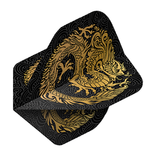 Pentathlon Flights Dragon czarny Auf dem Bild ist ein Pentathlon Dragon 2 Standard Flight zu sehen. Das Flight ist schwarz und mit einem goldenen Drachen verziert.