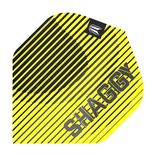 TG112_330220_Target_ProUltra_Scott_Williams_No2_Standard_Flights_1 Das Bild zeigt ein Dartflight mit gelb-schwarzen diagonalen Streifen. Auf dem Flight steht in großen Buchstaben das Wort "SHAGGY".