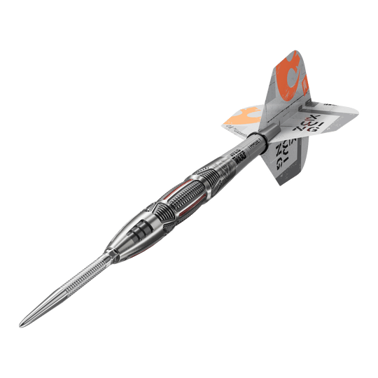 Stalowe lotki Swiss Point firmy Target Star Wars X-Wing Target Star Wars X-Wing Swiss Point Steeldarts sind hochwertige Steeldarts mit X-Wing-Design. Das Bild zeigt die Darts aus einer Detailperspektive.