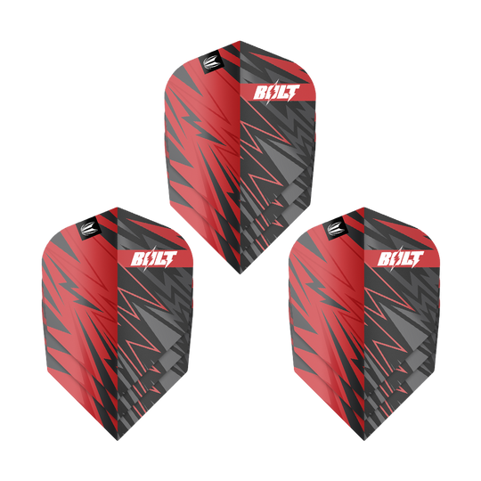 Das Bild zeigt drei Dart-Flights mit einem roten und schwarzen Blitz-Design. Auf jedem Flight steht das Wort "BOLT" in weißer Schrift.