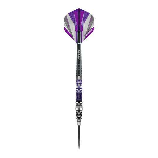Lotki stalowe Winmau Simon Whitlock Special Edition 2020 Das Bild zeigt den Winmau Simon Whitlock Special Edition 2020 Steeldart. Der Dart hat ein auffälliges Design mit lila, schwarzen und silbernen Akzenten.