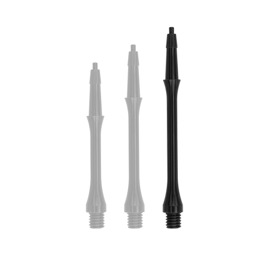 HRC-12589_Harrows_Clic_Slim_Shafts_Black_37mm_1 Das Bild zeigt drei schwarze Harrows Clic Slim Shafts in unterschiedlichen Längen. Sie sind dünn, zylindrisch und haben an einem Ende ein Gewinde.
