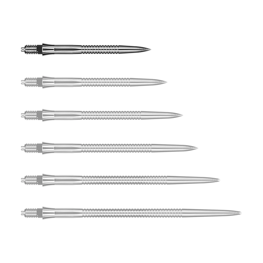 Końcówki do lotek Caliburn EZ-EVO – rowkowane – srebrne Das Bild zeigt eine silberne Dartspitze mit Rillen. Die Dartspitze ist 28 mm lang.