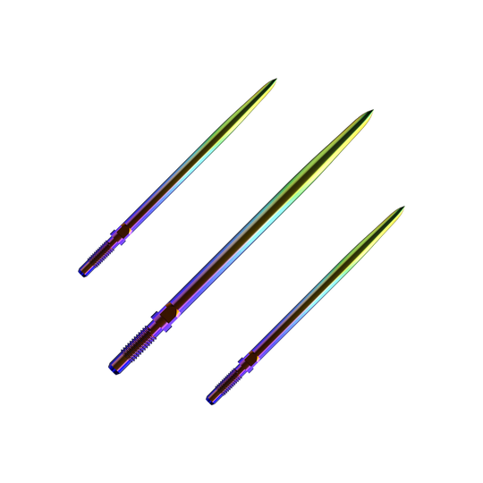 Końcówki do rzutek Bulls NL Convertible Point – gładkie – tęczowe Ein Bild mit dem Dateinamen BU57716_BullsNL_Convertible_Points_Smooth_Rainbow_36mm_1Set. Es zeigt wahrscheinlich ein Set von Dartspitzen in Regenbogenfarben.