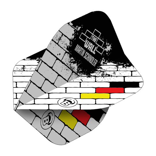 Bulls B-Star Martin Schindler White No2 Standard Flights Das Bild zeigt die Bulls B-Star Martin Schindler White No2 Standard Flights. Das Design erinnert an eine weiße Backsteinmauer mit den Farben der deutschen Flagge und dem Text "The Wall Martin Schindler".