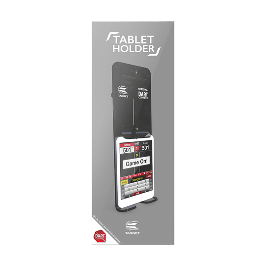 119649_Target_Tablet_Wandhalterung_3 Das Bild zeigt die "Target Tablet Wandhalterung" zur Befestigung eines Tablets an der Wand. Auf dem Tablet ist eine Dartspiel-App zu sehen.