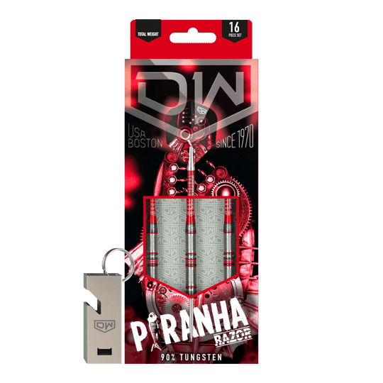 Stalowe lotki DW Piranha Razor 01 Das Bild zeigt die Verpackung der "DW Piranha Razor 01 Steeldarts". In der Packung sind drei Darts aus 90% Tungsten und ein silberner Schlüsselanhänger enthalten.