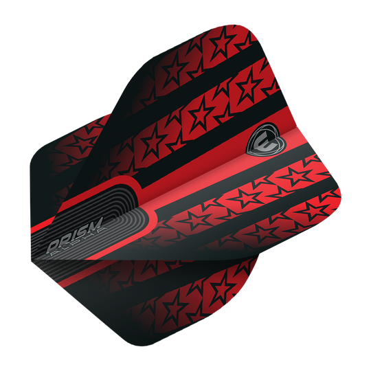6915-178_Winmau_Prism_Alpha_6915-178_Standard_Flights_2 Das Bild zeigt das Produkt "Winmau Prism Alpha 6915.178 Standard Flights". Die Flights sind rot-schwarz gestaltet und mit Sternmustern verziert.