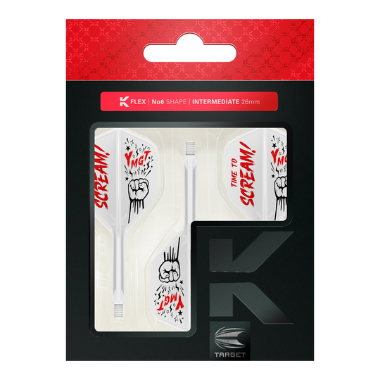 Target Japan K-Flex Scream No6 System wału lotniczego Das Bild zeigt das Produkt „Target Japan K-Flex Scream No6 Flight-Shaft-System“ in seiner Verpackung. Die Flights sind weiß mit roten und schwarzen Grafiken und dem Schriftzug „TIME TO SCREAM!“.