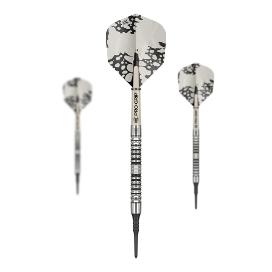 Target EXO 10 miękkich rzutek Das Bild zeigt drei Target EXO 10 Softdarts mit silbernen Schäften und schwarz-weißen Flights. Die Darts haben eine strukturierte Griffzone und sind für Präzision im Spiel ausgelegt.