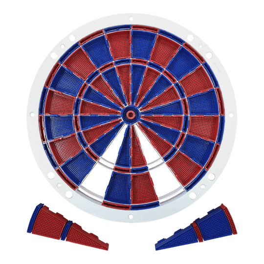 Części zamienne Löwen Dart 82 segmenty i zestaw pająków Auf dem Bild ist ein Ersatzteil-Set für eine elektronische Dartscheibe zu sehen. Die Segmente sind abwechselnd rot und blau gefärbt und werden von einem weißen Rahmen gehalten.