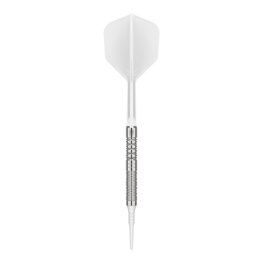 Das Bild zeigt einen Softdart namens "Target Japan Crux Honor Softdarts - 18,5g". Der Dart hat eine weiße Spitze, einen silbernen Schaft und weiße Flights.