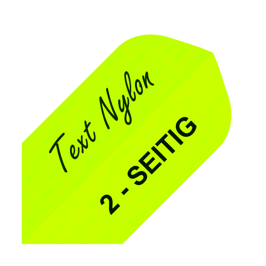 Das Bild zeigt ein neon-gelbes Quadrat mit Text darauf. Darauf steht schräg geschrieben „Text Nylon“ und in großen Buchstaben „2-SEITIG“.