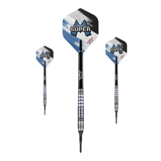 Bulls NL Mario Vandenbogaerde 90% Miękkie lotki - 20g Auf dem Bild sind drei Softdarts des Modells "Bulls NL Mario Vandenbogaerde 90% Softdarts - 20g" zu sehen. Die Darts haben silberne und blaue Akzente mit dem Namen des Spielers auf den Flights.