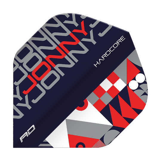 Das Bild zeigt ein Dartflight mit dem Namen "Red Dragon Hardcore Jonny Black Red Standard Flights". Das Design ist in Schwarz, Rot, Grau und Weiß gehalten und enthält den Schriftzug "JONNY" sowie geometrische Muster.