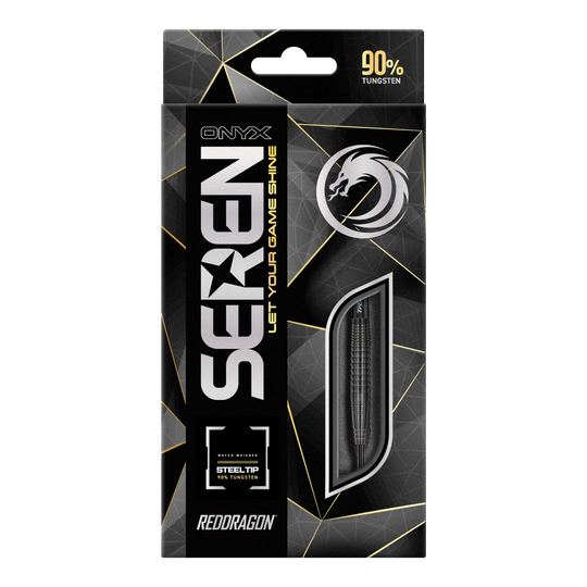 Das Bild zeigt die Verpackung der "Red Dragon Seren 4 Onyx Steeldarts". Auf der Verpackung steht, dass die Darts aus 90% Tungsten bestehen.