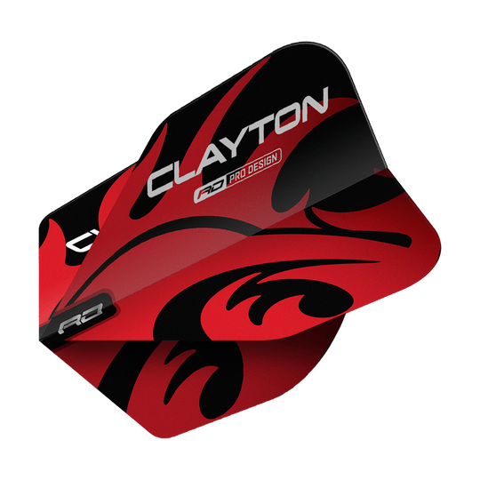 Czerwony Smok Jonny Clayton Red Black No6 Flights Das Bild zeigt ein Dart-Flight mit dem Produktnamen "Red Dragon Jonny Clayton Red Black No6 Flights". Das Flight ist rot und schwarz gestaltet und trägt den Schriftzug „CLAYTON“.
