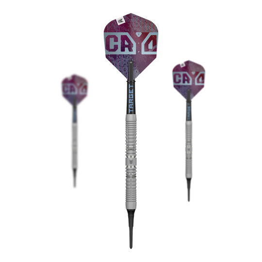 Das Bild zeigt ein Set der Target Cryo 12 Softdarts. Die Verpackung mit mehreren Darts ist sichtbar.