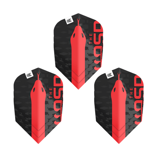 Target Pro Ultra Nathan Aspinall No6 Loty - 3 Zestawy Das Bild zeigt drei Sets der Target Pro Ultra Nathan Aspinall No6 Flights. Die Flights sind schwarz mit einem roten Schlangenmuster und dem Schriftzug "THE ASP".