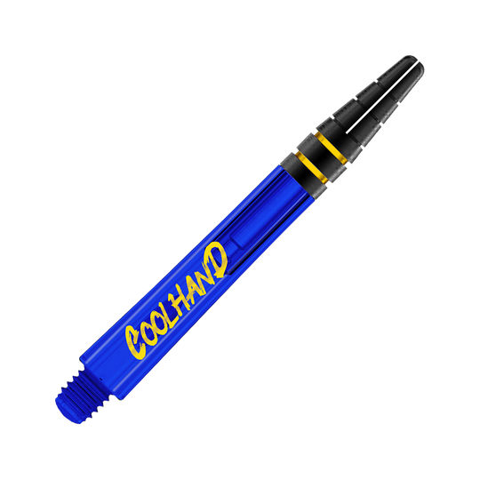 Red Dragon Nitrotech Luke Humphries Coolhand Shafts - Niebieski Das Bild zeigt einen blauen Dart-Schaft mit der gelben Aufschrift "COOLHAND". Der obere Teil des Schafts ist schwarz mit zwei goldenen Ringen.