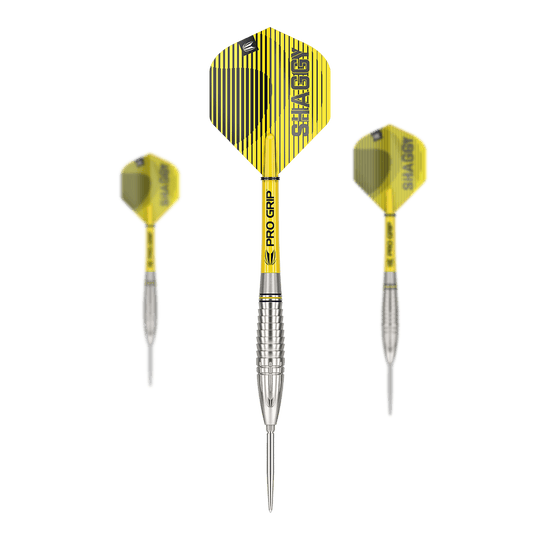 Stalowe lotki Target Scott Williams GEN1 Swiss Point Das Bild zeigt drei Target Scott Williams GEN1 Swiss Point Steeldarts mit gelb-schwarzen Flights. Die Darts haben silberne Spitzen und Griffe mit „Pro Grip“-Schäften.