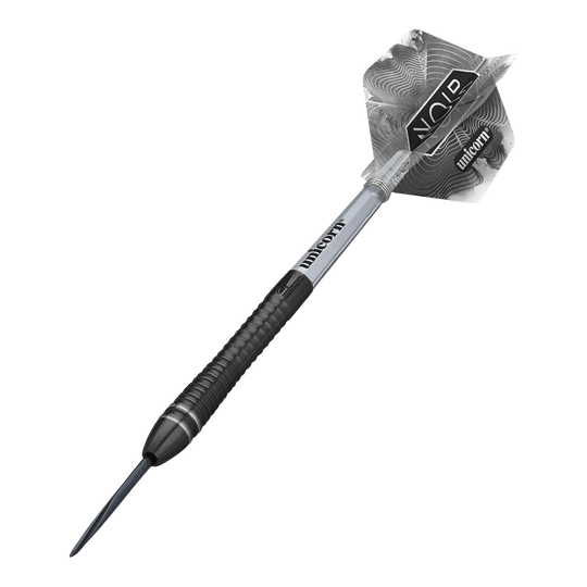 Mistrz Świata Jednorożców Gary Anderson Noir Phase 6 Steeldarts Das Bild zeigt einen Steeldart aus der Produktreihe „Unicorn World Champion Gary Anderson Noir Phase 6“. Der Dart hat ein modernes, schwarzes Design mit silbernen Akzenten und individuell gestaltetem Flight.