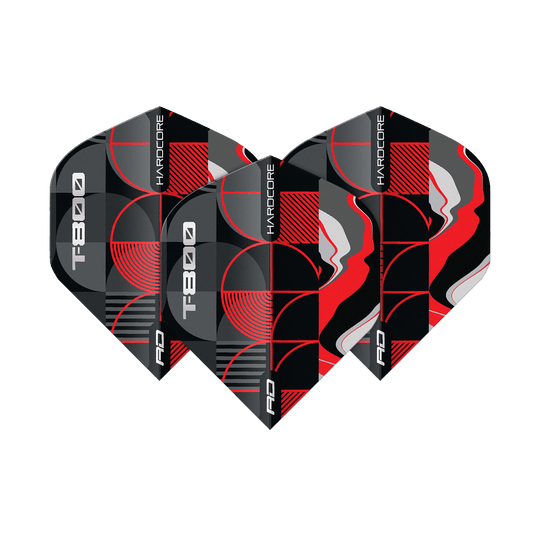 Red Dragon Hardcore T-800 No2 Standard Flights Das Bild zeigt die Red Dragon Hardcore T-800 No2 Standard Flights. Die Dart-Flights sind schwarz, rot, grau und weiß gemustert und tragen die Aufschrift "T800" und "HARDCORE".