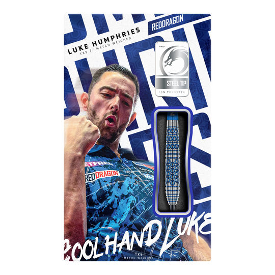 Stalowe lotki Red Dragon Luke Humphries TX5 Gezeigt werden die Red Dragon Luke Humphries TX5 Steeldarts. Das Foto stellt die Steeldarts aus einer weiteren Perspektive dar.