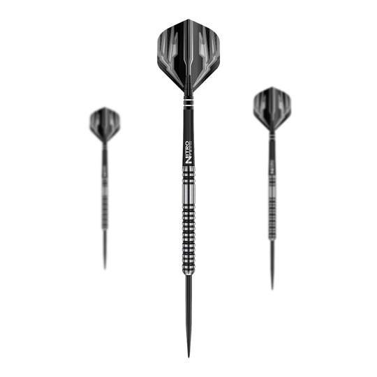 Red Dragon Dragonfly 3 stalowe rzutki Das Bild zeigt drei Steeldarts des Modells "Red Dragon Dragonfly 3". Die Darts haben ein schwarz-silbernes Design mit strukturiertem Griff.