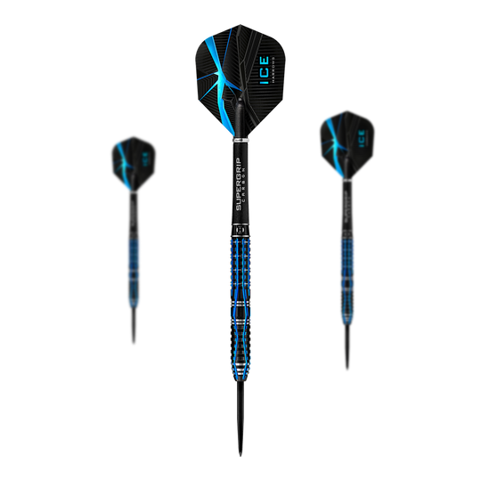 Lotki ze stali harrows Ice Recut Das Bild zeigt drei Steeldarts des Modells "Harrows Ice Recut". Die Darts sind schwarz mit blauen Akzenten und besitzen Flights mit einem Eismuster.