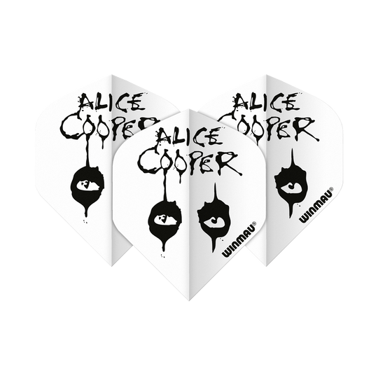 Das Bild zeigt drei Dartflights mit dem Aufdruck „Alice Cooper“ und einem schwarzen Auge-Motiv. Die Flights sind in Weiß gehalten und tragen unten das Winmau-Logo.