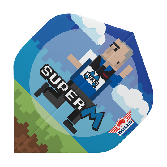 Das Bild zeigt ein Dart Flight mit einer Cartoonfigur im Pixelstil, die "Super M" darstellt. Im unteren Bereich ist das Bulls Logo abgebildet.