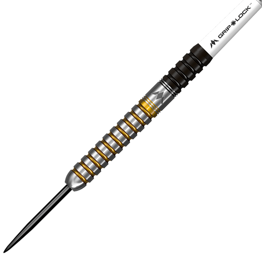 Das Bild zeigt einen Mission Brett Claydon Black Gold Steeldart mit einem Gewicht von 22g. Der Dartpfeil hat ein elegantes Design mit goldenen und schwarzen Akzenten.
